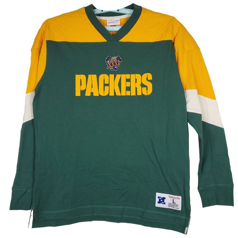 Green Bay Packers Mitchell & Ness NFL L Large Crew Sweatshirt Green Yellow‎ NWT